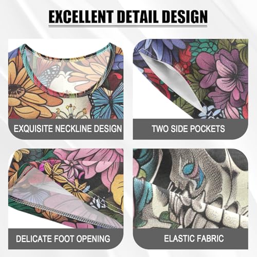 ALAZA Skull Bright Flowers Butterfly Pajama Set Short Sleeve Sleepwear Soft Lounge Nightwear4