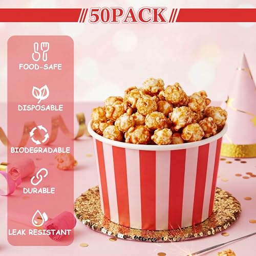 Image of Zopeal 50 Count Red and Pink Striped Ice Cream Cups Paper Dessert Bowls | 9 oz Disposable Ice Cream Bowls, Birthday Party Supplies, Snack Cups Sundae Picnic Yogurt Bowls for Food