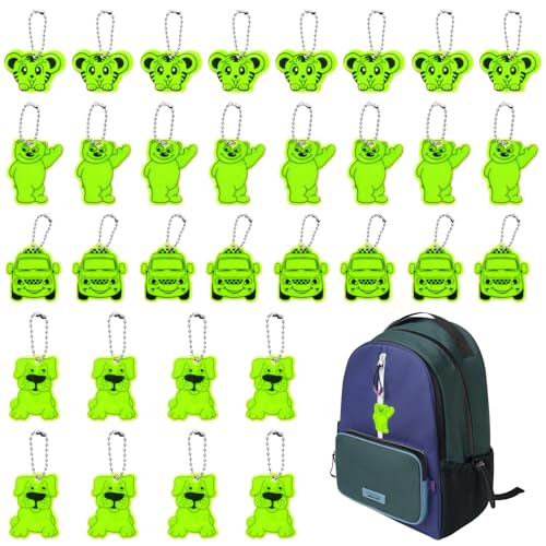 FIHODONE 32 PCS Reflectors for Kids, Reflective Safety Reflector Pendant, PVC Reflective Keyrings for Bags, High Visibility Bag Pendant for School Cycling Walking Running