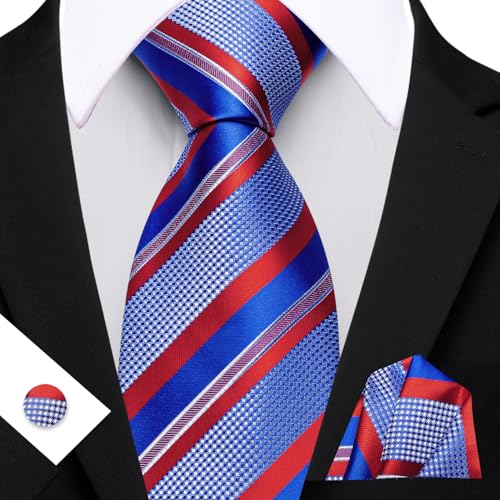 Image of Barry.Wang Mens Tie Set Plaid Check Neckties Formal Business Wedding Luxury Pocket Square Cufflinks