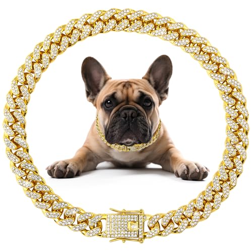 Cuban Link Dog Collar Gold Crystal Dog Necklace Metal Chain Collar with Design Secure Buckle Pet Collar Jewelry Accessories for Small Medium Large Dogs Cats(10inch)