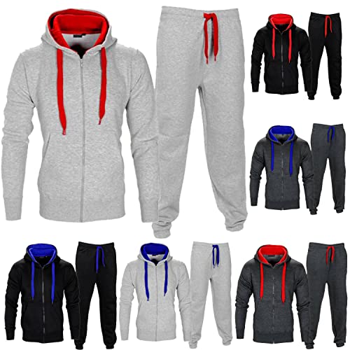 Style Spot Mens Full Zip UP Contrast Tracksuit Brushed Fleece Bottom Hoody Joggers Sports Suit (Small - S, Grey/Red)