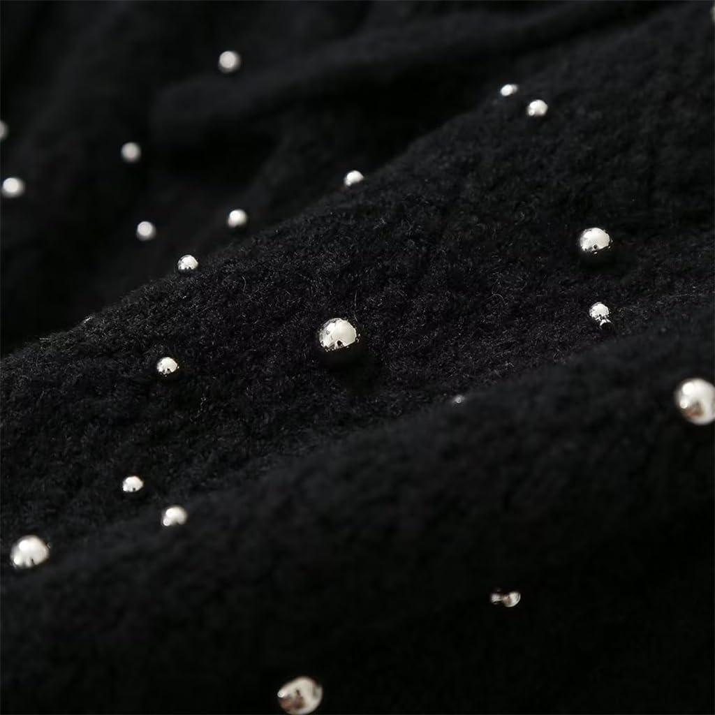 Street Fall and Winter Women's Loose Rivet Decorated Knit Hooded Sweatshirt