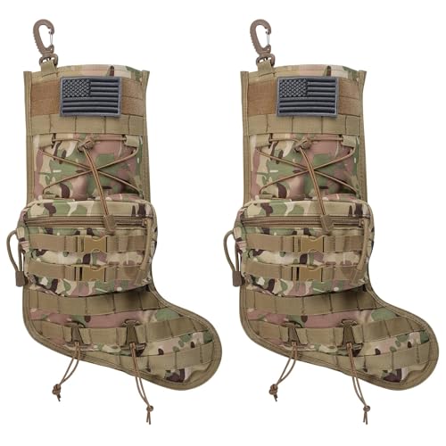 SPEED TRACK Camouflage Tactical Christmas Stocking Set of 2 - Enhanced Design with Black Flag Patch, MOLLE Webbing, Zip Pocket, Survival Hiking Bag, Gift for Veterans Military Patriotic