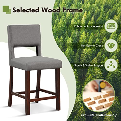 Image of COSTWAY 24.5'' Counter Height Barstools Set of 2 w /Rubber Wood Legs, Grey | Linen Upholstered Bar Stools w / Hollowed Back & Footrest, Mid-century Modern Tall Chair for Kitchen Island Home Bar Pub