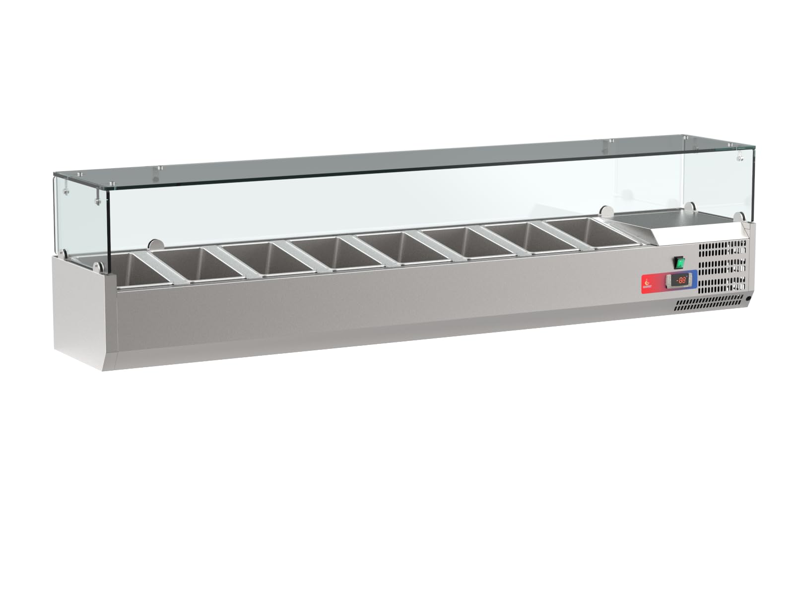 Vetrina refrigerata per ingredienti GN 1/4, raffreddamento statico, 2-8 °C, coperchio in vetro, acciaio inox, 260 W, R290, per ristorazione e ristorazione