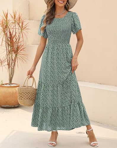 Image of Kranda Women 2025 Summer Fall Crewneck Short Sleeve Smocked Floral Maxi Dress
