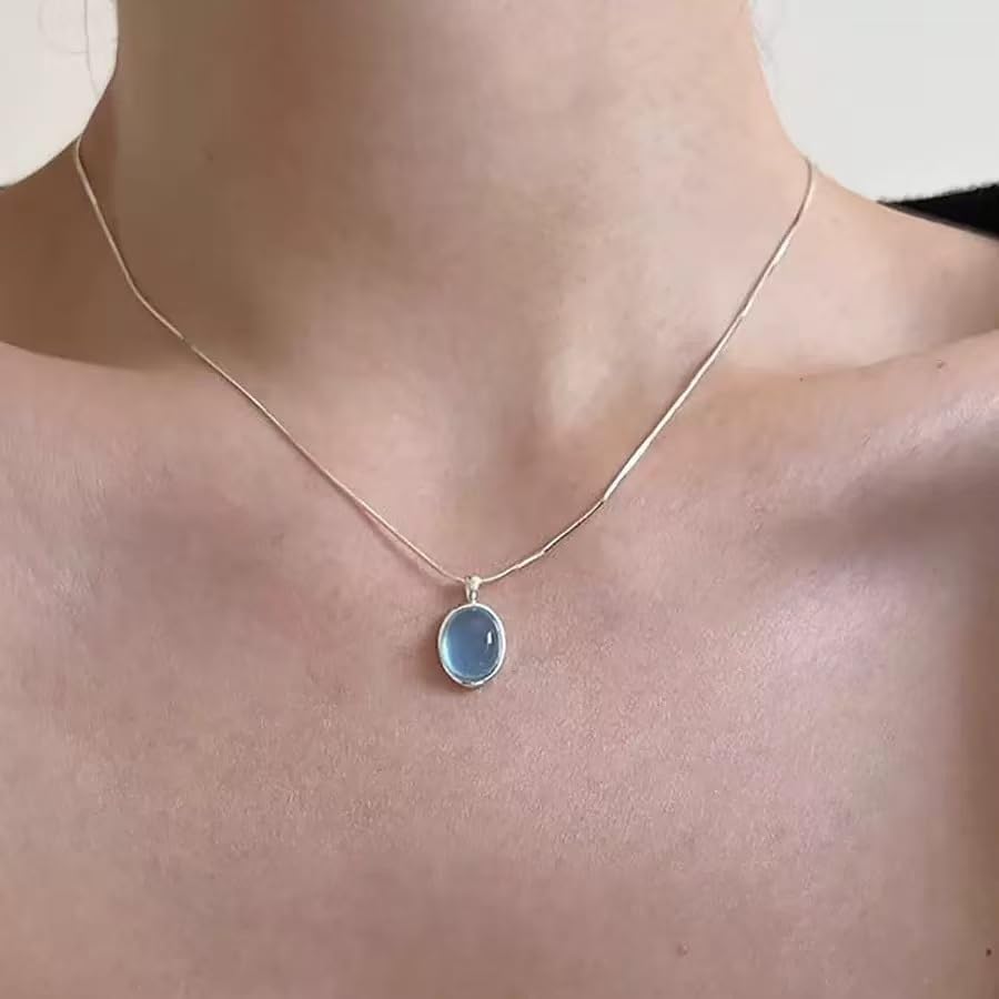 Sterling Silver Oval Blue Chalcedony Pendant Necklace, Snake Chain - Image 2