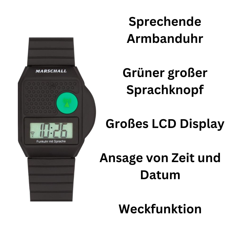 Marschall Deutsch sprechende Digitale Funkarmbanduhr I 1110 I Schwarz I Ansage von Zeit und Datum I Weckfunktion I Großes LCD Display I Perfekt für Senioren, Blinde und Demenzkranke