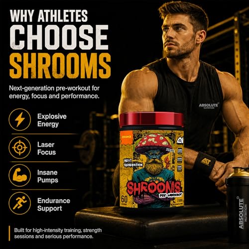 Image of Absolute Nutrition SHROOMS Pre Workout Powder (60 Servings, 500g) | With Beta Alanine, L-Citrulline DL-Malate 2:1, Cocoa Bean Extract & Bitter Orange | (Orange)