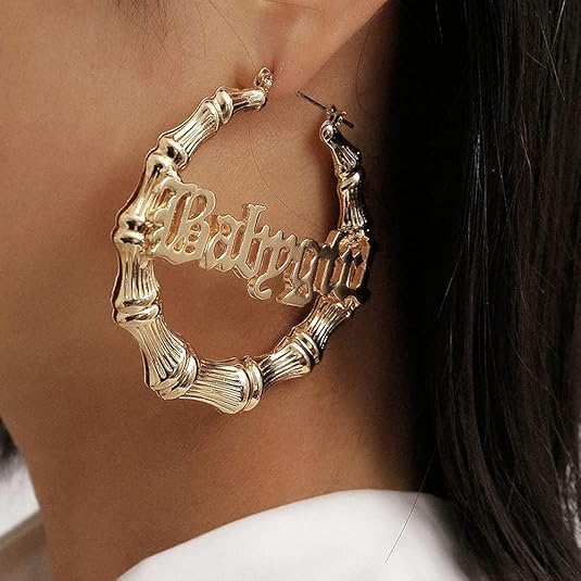 Hip Hop Gold Bamboo Hoop Earrings for Women Stainless Steel Old English Font Letter Pendant Necklace 80s/90s Costume Accessory Party Jewelry Set3