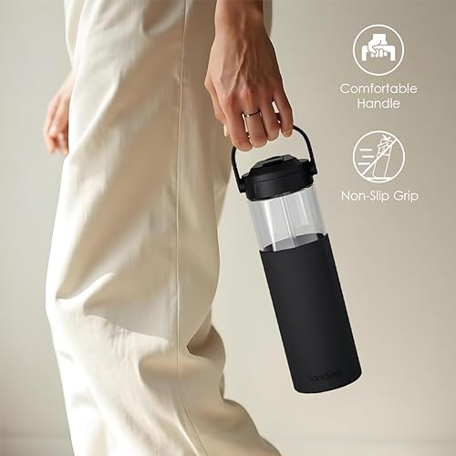 Miniatura 4 de Botella de agua de vidrio con funda de silicona y tapa con popote de 20 onzas para niñas y mujeres, botellas de vidrio para viajes, hogar, gimnasio,