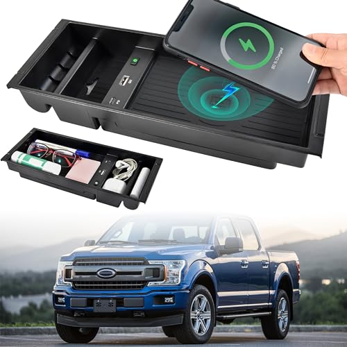 POKIAUTO Wireless Charger for F150 2009-2023, Center Console Organizer Box Fast Wireless Chargering with USB-A USB-C Port for 2009-2021 2022 2023 Ford F-150 Accessories