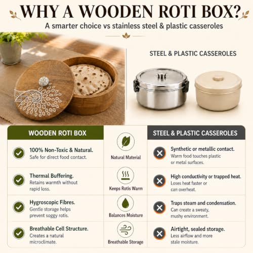 Image of Artysta 'White Peacock' Wooden Chapati Box | Wooden Casserole For Roti | Chapati Box For Kitchen | Roti Box with Lid | Housewarming Gifts | Handpainted Roti Box | Mango Wood 8inch, 1080ml