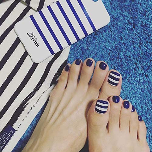 YienDoo 24Pcs False Nail for Toe Chic Exquisite Bling Bridal Ocean Blue Stripes Summer Fake Nail for Toes Full Cover Nail Tips Foot Nails