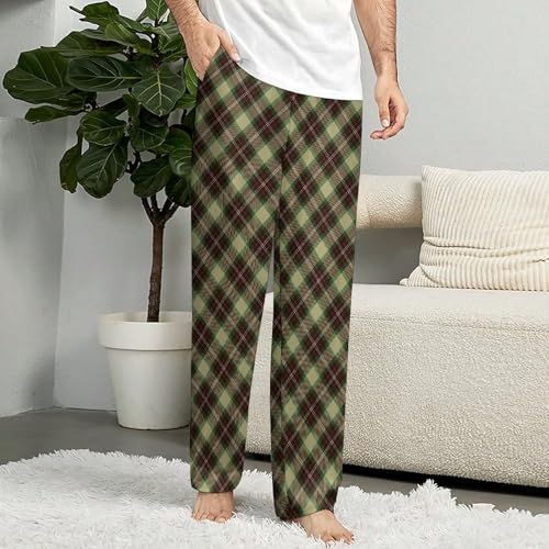 Yellow-Green Scottish Plaid Womens Mens Pajama Pants Lounge Sleep PJ Bottoms with Pockets3
