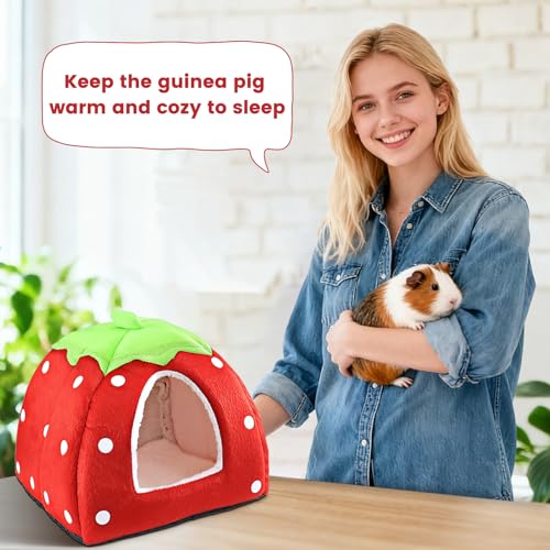 Kuschelsack Meerschweinchen Höhle Waschbar Kaninchen Kuschelhöhle Kuschelig Winter Gemütliches Kleintierbetten für Zwergkaninchen (Erdbeeren)