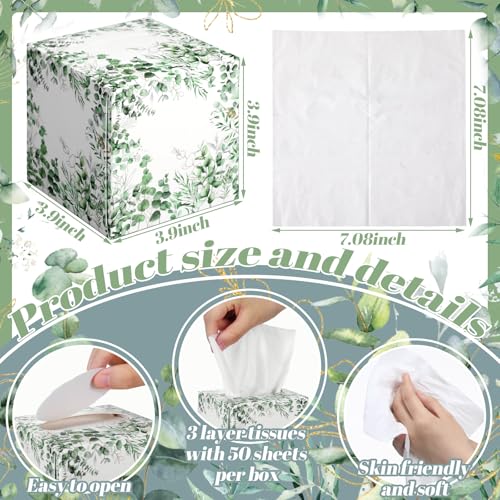 Image of Fourluoo 12 Pack Eucalyptus Facial Tissues Cube Boxes, 600 Sheets 3 Ply | Small Square for Bedroom Car Office Desk, Green Eucalyptus Leaf Print, Soft Tissues Bulk for Fall Spring Home Decor Supplies