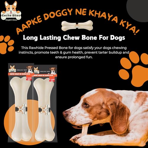 Image of Excite Bites Pressed Rawhide Bones for Dog Treats | Dog Calcium Bone Dog Chewing Needs | 8 Inch Calcium Bone Treat for All Dogs | Combo Offer (8 inch-1Pc) Each, 150G (Pack of 2), All Life Stages