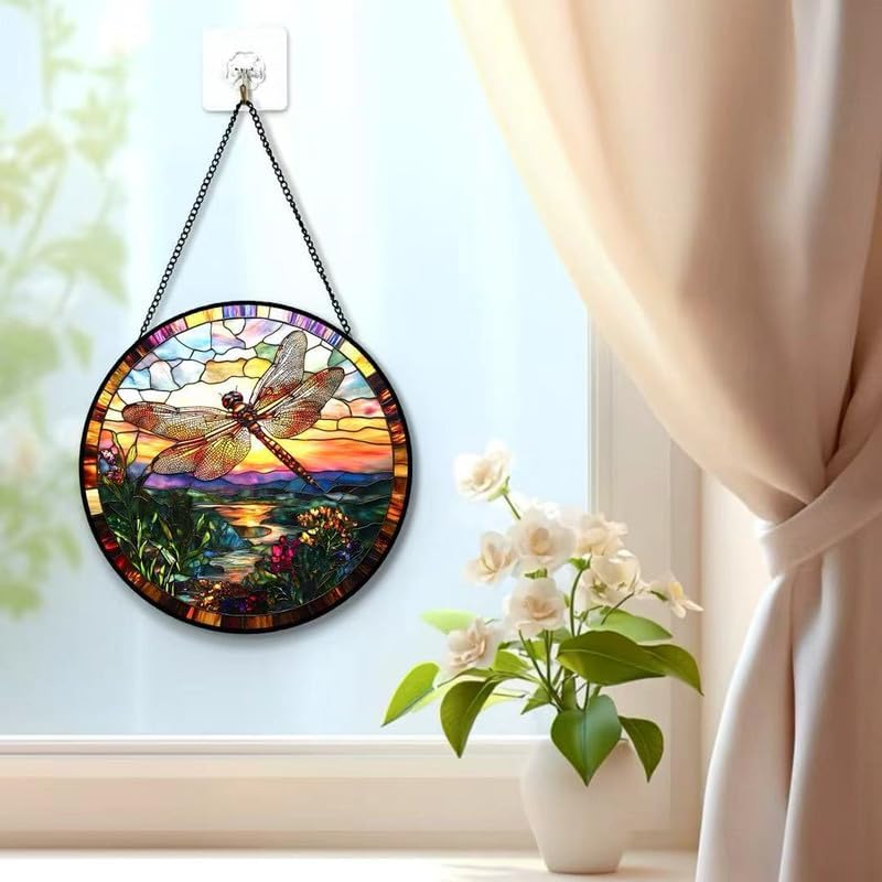 Miniatura 5 de Dragonfly Stained Glass Suncatcher Tiffany Style Dragonfly Window Hanging with Sunset Landscape, Round Colorful Glass Sun Catcher for Home Window