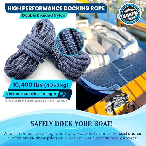 Image of Premium Nylon Boat Dock Lines & Ropes for Docking 5 /8'' x 25' | Double Braided Marine Rope & Mooring Line| Boat Ropes for Docking with Loop | UV & Saltwater Resistant Dock Ropes for Boats & Pontoons