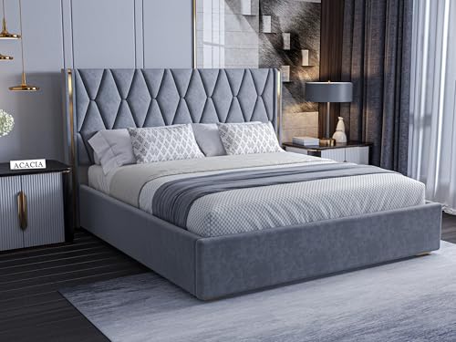 Image of Acacia Modern Upholstered King Size Bed with Hydraulic Storage for Bedroom | Wooden Furniture Double Beds for Home & Hotels | Platform Cot Bed with Upholstery Fabric, 6.5 x 6 Ft, Sheesham Wood, Grey