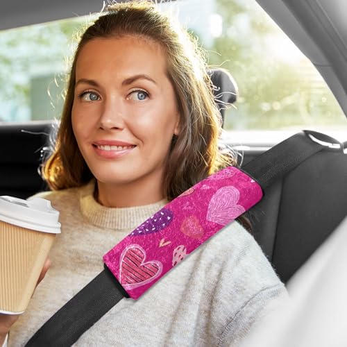 Image of Hot Pink Doodle Hearts Stars Seat Belt Cover Pad 2 Pcs Soft Cute Seatbelt Covers Protector Support Head Neck Shoulder Strap for Car Seats High Chair Backpack for Adults Kids Women Men 10x7.7In