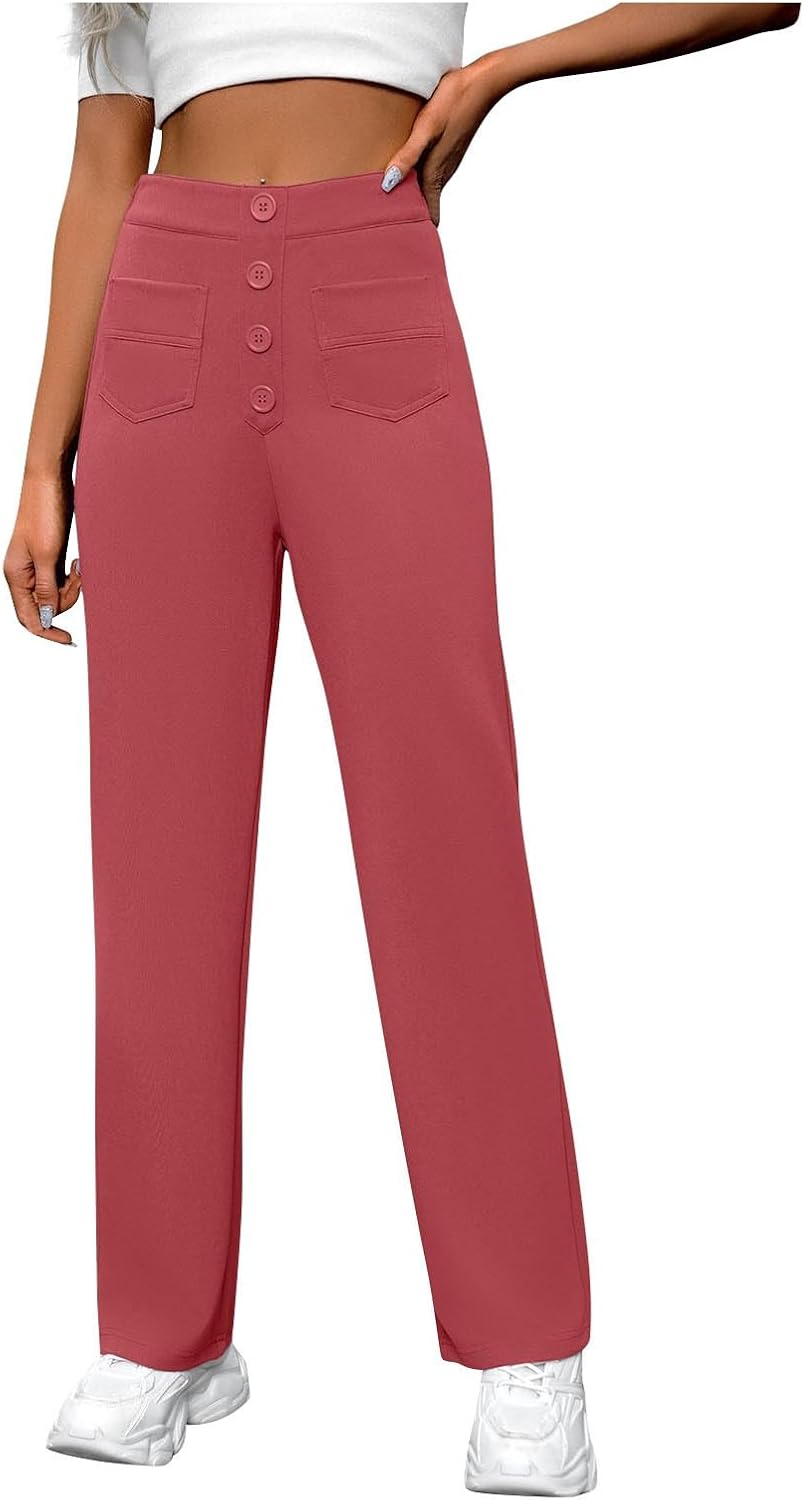 Women Business Fashion Pants High Waisted Tummy Pants Straight Leg Solid Color Work Trousers with Pockets