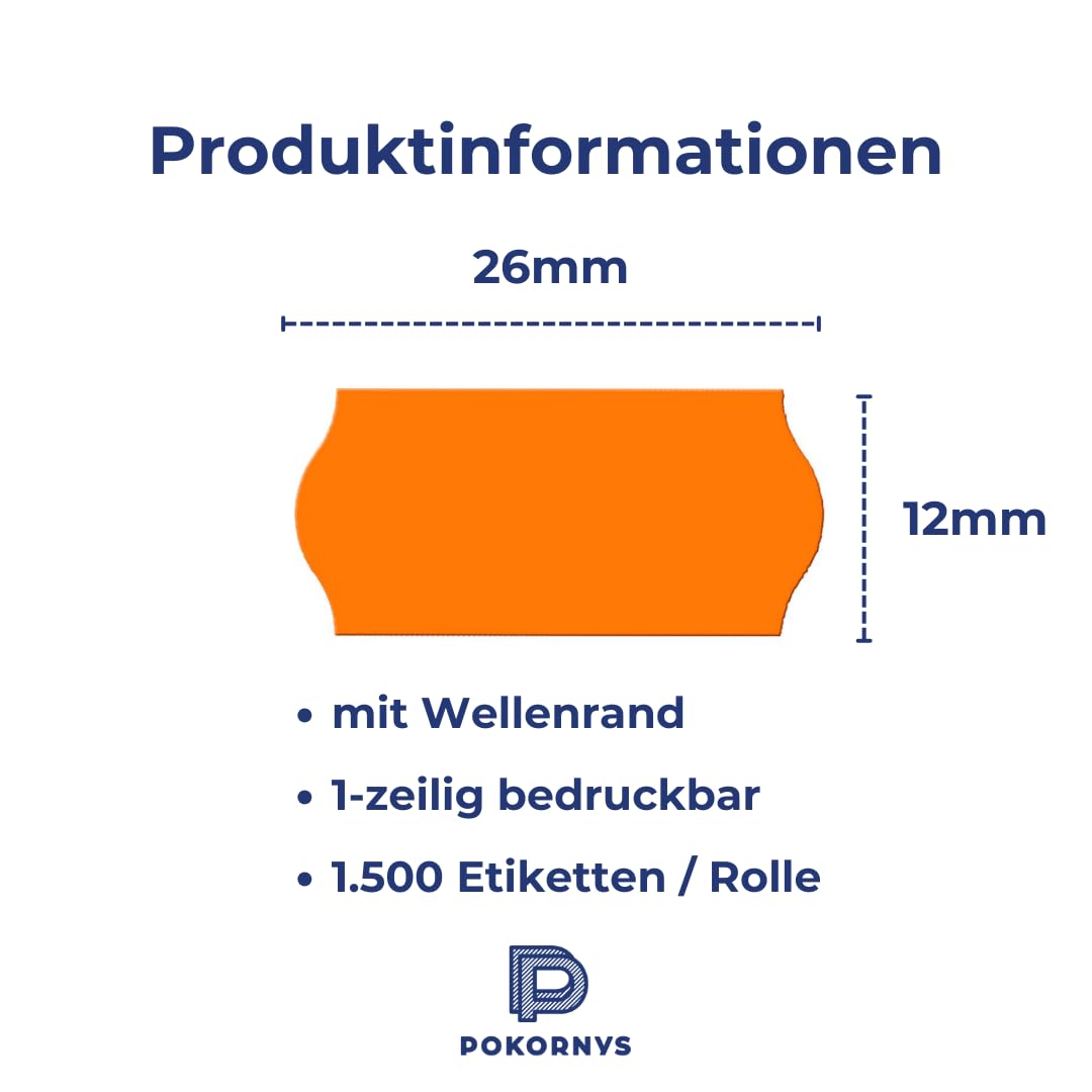 POKORNYS – 54.000 selbstklebende Etiketten für Preisauszeichner (orange / 26x12mm) I permanent haftend I Kennzeichnung mit Preis, Datum ... I Preisetiketten für Handauszeichner mit Wellenrand