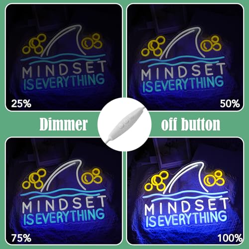 Image of Mindset is Everything Neon Sign Led Fish Shark Neon Light Up Sign Dimmable Inspirational Neon Wall Decor sign for Classroom Office Bedroom School 16.5 * 12.6 IN