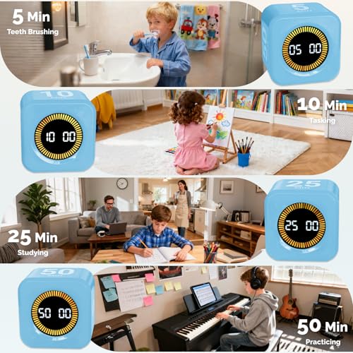 Image of KADAMS Pomodoro Cube Timer Productivity Visual Timer - 5 /10 /25 /50 Min Rotating Countdown (1, Blue)