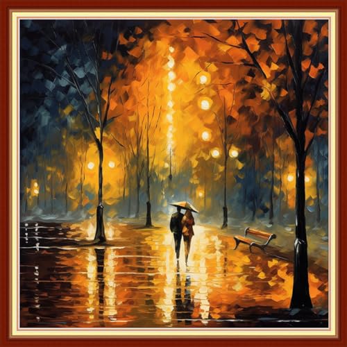 Image of Joyhoor Cross Stitch Kits for Beginners Stamped Cross-Stitch Supplies Needlework preprint Embroidery Kits for Adults DIY Needlepoint Kits Embroidery Patterns 11CT-Strolling Rainy Night 18.x18 inch