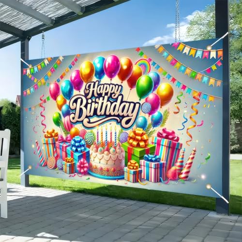 Image of BlissYard Happy Birthday Banner 71x43 Inch Rainbow Birthday Decorations | Party Backdrop Happy Birthday Sign for Backdrop Colorful Balloons and Gifts Design Party Banners
