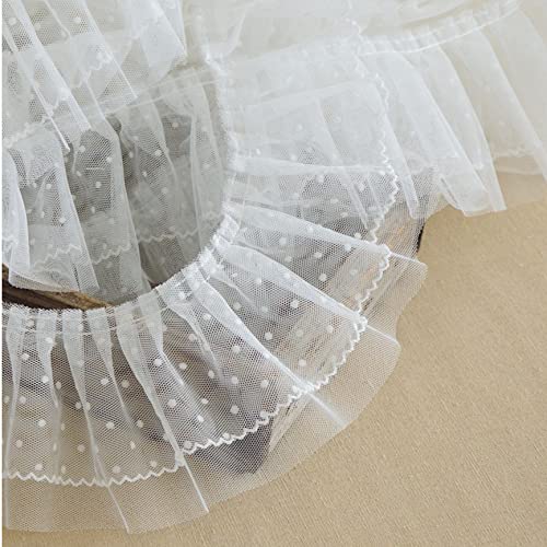 4,5 m langes gerafftes Netz-Spitzenband, 10 cm breit, unelastisch, Stickerei, floraler Spitzenbesatz für Hochzeit, Brautkleid, Nähzubehör, Dekoration (weiß, gepunktet) Cover