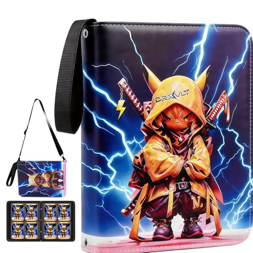 BRXVLT Card Binder 4 Pocket 𝐰𝐢𝐭𝐡 𝐂𝐫𝐨𝐬𝐬𝐛𝐨𝐝𝐲 𝐒𝐭𝐫𝐚𝐩 – 400 Cards, 50 Removable 𝐒𝐢𝐝𝐞-𝐋𝐨𝐚𝐝𝐢𝐧𝐠 Pages, PU Leather Cover, Secure Zipper, Compatible with TCG/MTG/Pokemon/Sport