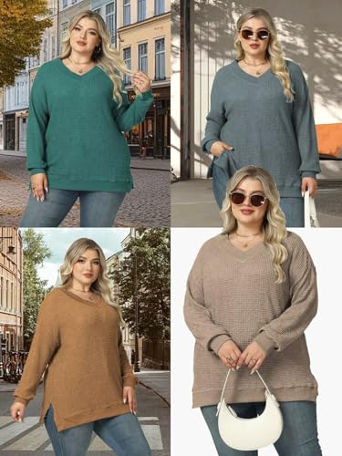 Image of DOLNINE Plus-Size-Tops for Women Casual V Neck Pullover Cute Waffle Knit Lantern Sleeve Sweaters Fashion Side Split Tunics