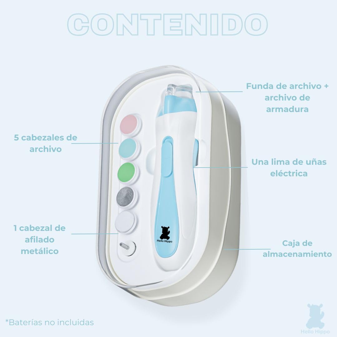 Hello Hippo - Lima de Uñas Eléctrica para Bebé Recién Nacido | Seguridad y Precisión con Luz LED | 4 Velocidades & 6 Cabezas | Kit de Higiene para Bebés Práctico