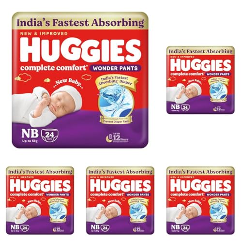 Image of Huggies Complete Comfort Wonder Pants | Pant Style Baby Diapers Newborn Size (NB /XS), 24 Count | India's Fastest Absorbing Diaper, Prevents Diaper Rash, Ideal for 0-5 Kgs (Pack of 5)