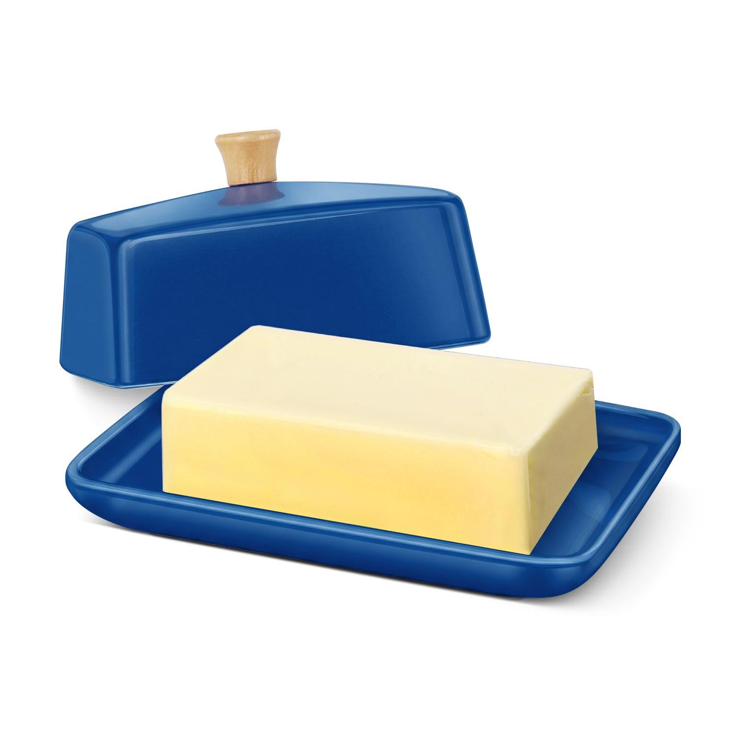 Flexzion Ceramic Dark Blue European Butter Dish with Lid for Countertop (7 Inch) - Wide 2 Stick Double Butter Holder for Counter, Cream Cheese Container Storage Keeper