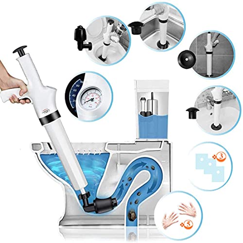 BIZBON 9 in 1 White Air Pressure Plunger Kits,Air Drain Blaster Gun Plunger High Pressure with 5 Heads,Dashboard Barometer,Sewer Toilet Kitchen Sink For Clogged Toilet Kitchen Bathroom Tubs(White)