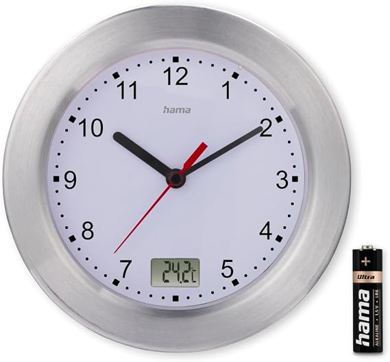 Hama Mauritius Bathroom Wall Clock with Thermometer, Silver
