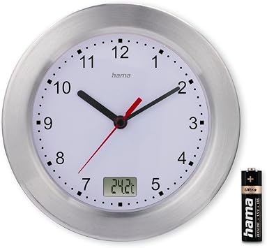 Hama Mauritius Bathroom Wall Clock with Thermometer, Silver