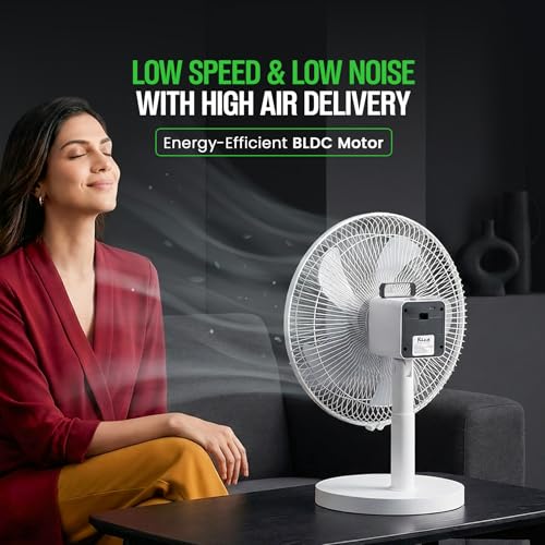 Image of Rico 12 inch Rechargeable Table Fan with BLDC Motor, Built-in Power Bank & Type-C Charging | 3-Speed | 3hr High / 10hr Low Runtime | Silent & Portable