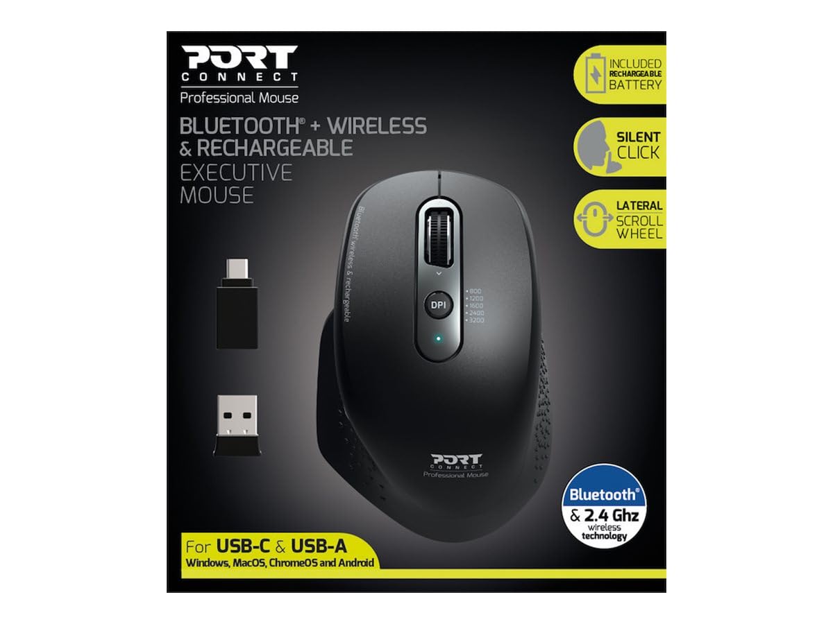 Port Connect Souris sans Fil 2.4 ghz - Bluetooth USB-a & USB-c Executive Rechargeable - ambidextre - 5 Boutons Silencieux dpi Ajustable Noir