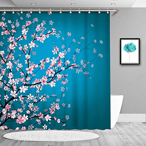 Dynabit Cherry Blossom Fabric Shower Curtain Set with 12 Hooks Shower Curtains, Machine Washable Bathroom Curtains, 72 X 72 Inches