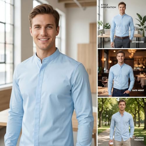 VANCOOG Men's Mandarin Collar Plain Cotton Blended Long Sleeve Button Down Point Collar Dress Shirt-Light Blue-XL — view 2