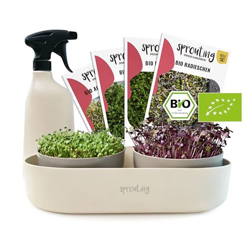 Plantura Bio-Sprossen Anzucht-Set (Komplett), keimstarkes Bio-Saatgut, für Sprossen & Microgreens, BPA-frei & spülmaschinengeeignet, 4 Sorten, bis zu 36 Ernten