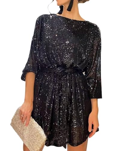 Kfsghdnz Women Sequins Glitter Dress Loose Fit Elegant Cocktail Dress Long Sleeve Party Sparkle Short Dress Clubwear with Belt (Black A L)