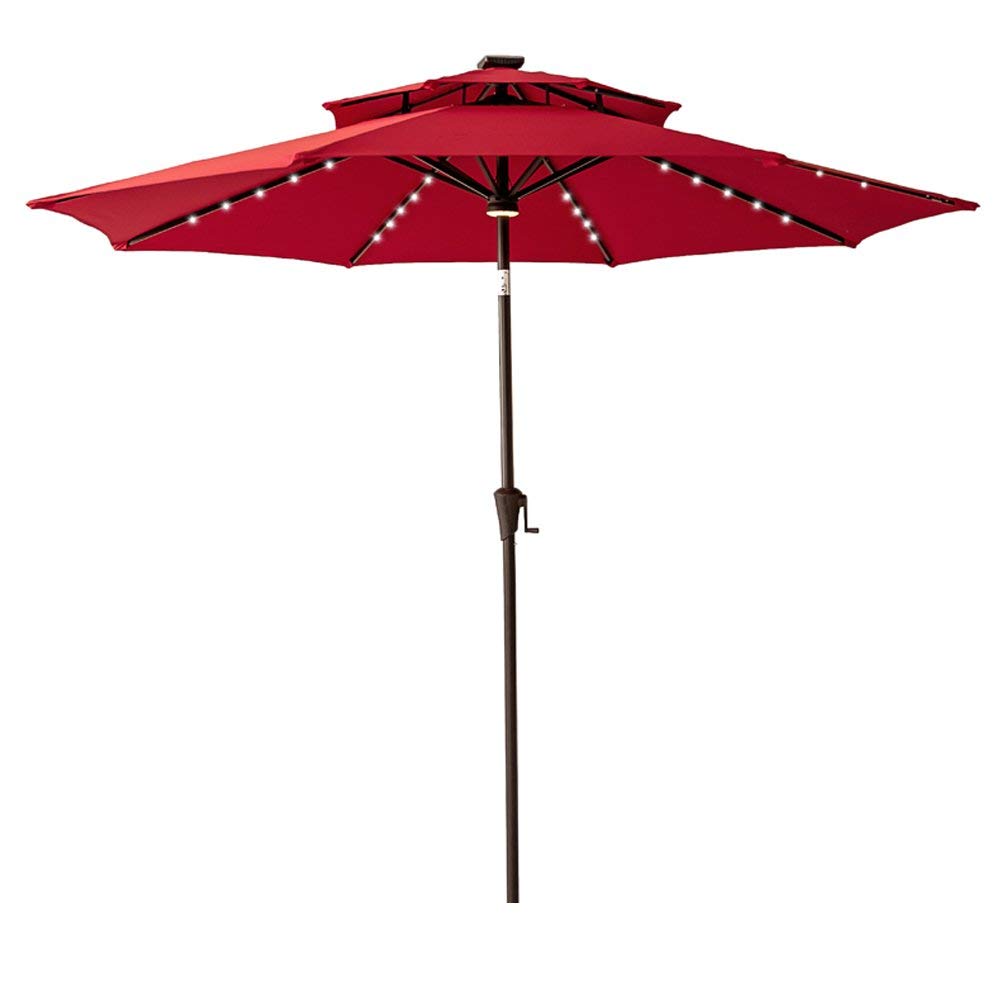 FLAME&SHADE 9 ft Double Top Solar Powered Outdoor Market Patio Table Umbrella with LED Lights and Tilt, Red