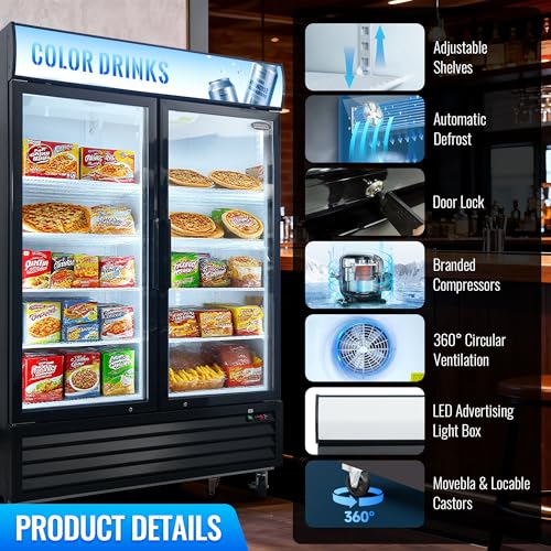 Image of mikibama Glass Door Merchandiser Freezer, 44.7 Cu.ft Swing Door Commercial Reach-In Display Refrigerator with LED Top Panel Upright Freeze Storage, Double Cabinet, Black